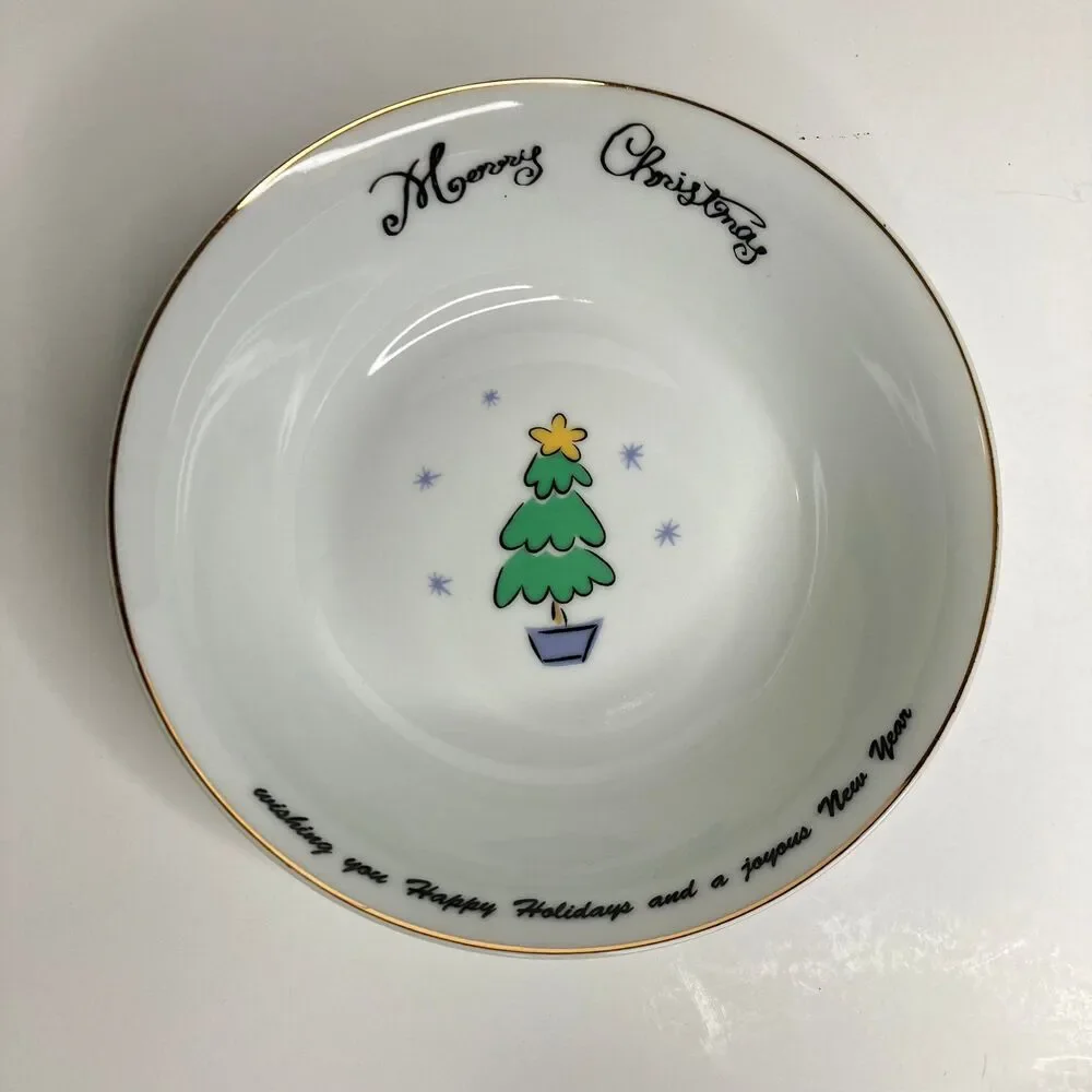 Merry Brite China MERRY CHRISTMAS Lot of 4 Soup Cereal Bowls Happy Holidays